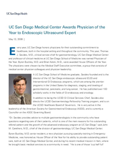 UC San Diego Medical Center Awards Physician of the Year to Endoscopic Ultrasound