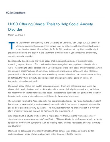 UCSD Offering Clinical Trials to Help Social Anxiety Disorder