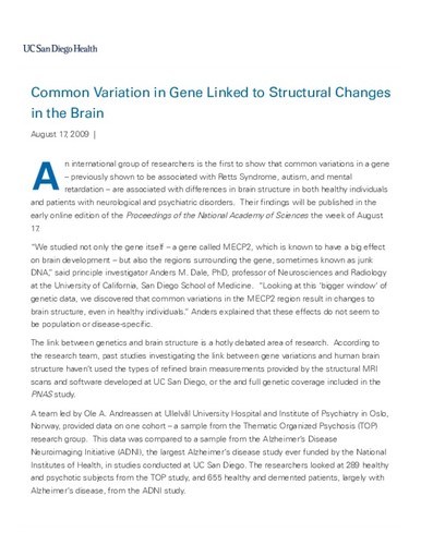 Common Variation in Gene Linked to Structural Changes in the Brain