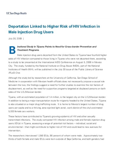 Deportation Linked to Higher Risk of HIV Infection in Male Injection Drug Users