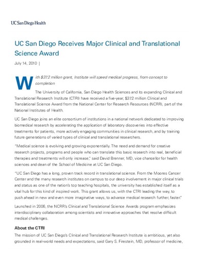 UC San Diego Receives Major Clinical and Translational Science Award