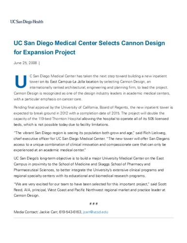 UC San Diego Medical Center Selects Cannon Design for Expansion Project