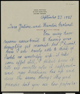 Mary Jameson Judah, letter, 1927-09-27, to Zulime Taft Garland & Hamlin Garland