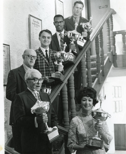 Friendship Hall--Recipient of Trophies--From Bottom: Unknown, Unknown, Dr. Howard White, Dr. Carl Mitchell, Carroll Pitts, Unknown