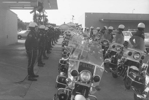 LAPD motorcycle officers lining up for duty, Los Angeles, 1983