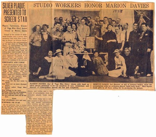 Silver Plaque Presented to Screen Star: Studio Workers Honor Marion Davies [clipping]