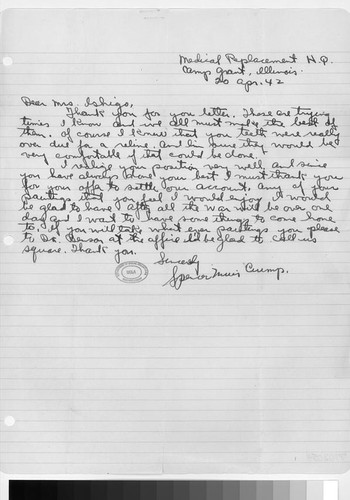 Letter, 1942 April 20, Camp Grant, Ill. to Mrs. Estelle Ishigo