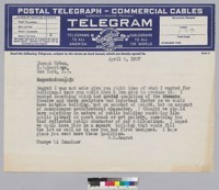 Telegram from William Randolph Hearst to Joseph Urban regarding building plans