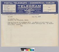 Telegram from William Randolph Hearst to William Randolph Hearst, Jr. advising him to stay out of airplanes