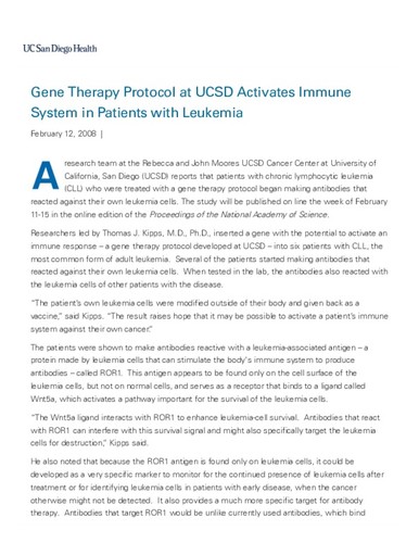 Gene Therapy Protocol at UCSD Activates Immune System in Patients with Leukemia