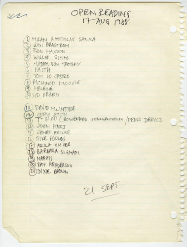 Open Mike Night, Signup Sheet, 17 August 1988