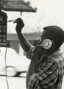 Man working for a phone compagny, in Yaounde, in Cameroon
