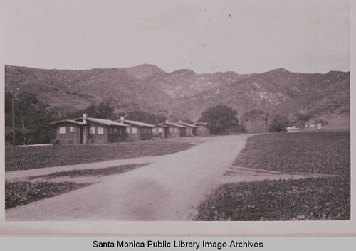 Looking north into the Assembly Camp in Temescal Canyon showing the first houses built for the subdivision of the Pacific Palisades, Calif