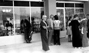 People arrives for opening of the new FBG bookshop at Ruwi, Oman, 11th January 1975. Customers