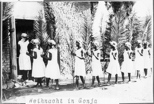Candidates for confirmation entering the church, Gonja, Tanzania, ca.1927-1938