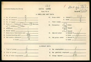 WPA Low income housing area survey data card 123, serial 14280