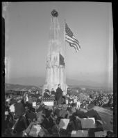Dr. Frederick C. Leonard speaks at the dedication ceremony for the Astronomers Monument at Griffith Park, Los Angeles, 1934