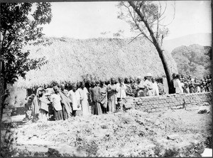 Missionary Guth being greeted by chiefs upon his return after the War, Tanzania, 1927