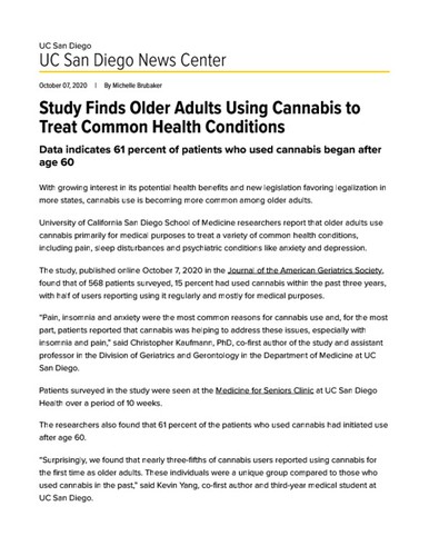 Study Finds Older Adults Using Cannabis to Treat Common Health Conditions