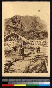 Drawing of a village street with mountains in the distance, Cameroon, ca.1920-1940