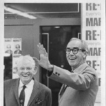 Richard H. Marriott, Mayor of Sacramento, 1968-1975. Here, Mayor Marriott (waving) with an unidenified supporter in a campaign office
