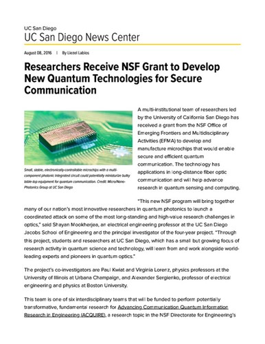 Researchers Receive NSF Grant to Develop New Quantum Technologies for Secure Communication