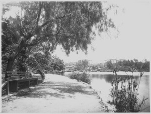 View of a lakeside path in Westlake Park (later MacArthur Park)