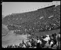 Military unit in parade at President's Day Ceremony, Los Angeles Memorial Coliseum, Los Angeles, 1933
