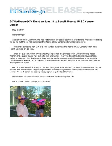 "Mad Hatter" Event on June 10 to Benefit Moores UCSD Cancer Center