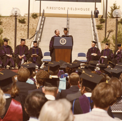 Leonard K. Firestone and William S. Banowsky during President Ford's dedication of the Firestone Fieldhouse, 1975
