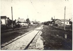 P&SR railway tracks by the Colombo Lumber Yard on South Main Street in Sebastopol, looking north toward downtown, 1904