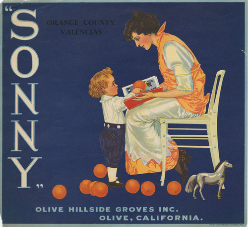 Crate label for "Sonny" Orange County Valencias, Olive Hillside Groves Inc., Olive, California