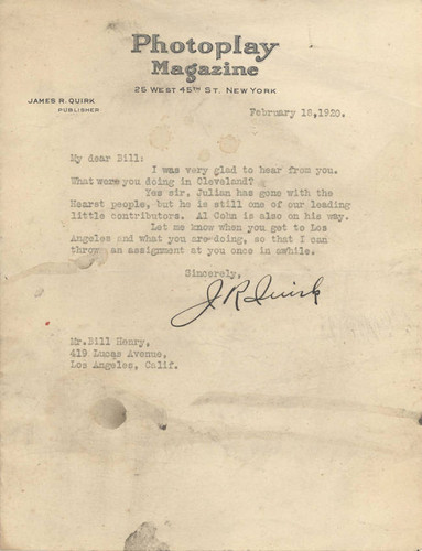 Letter from James R. Quirk to Bill Henry, February 18, 1920