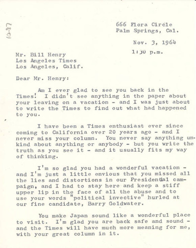 Fan letter from Los Angeles Times reader, November 3, 1964