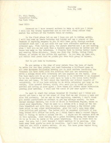 Letter from Loyal Durand Hotchkiss to Bill Henry, November 30, 1939