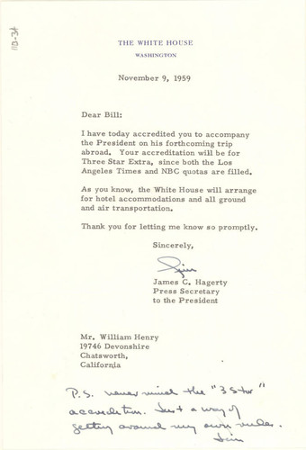 Letter from James C. Hagerty to Bill Henry, November 9, 1959