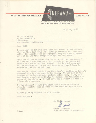 Letter from Grant Leenhouts to Bill Henry, July 19, 1957