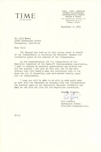 Letter from John William Roberts to Bill Henry, September 9, 1963