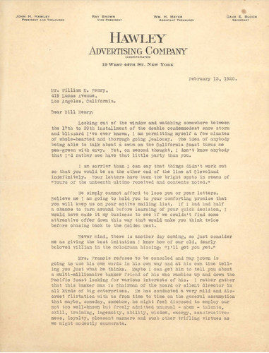 Letter from John H. Hawley to Bill Henry, February 13, 1920