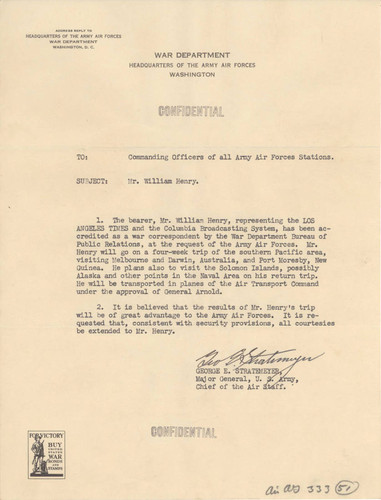 Letter of accreditation from George E. Stratmeyer, U.S. Army Chief of Air Staff