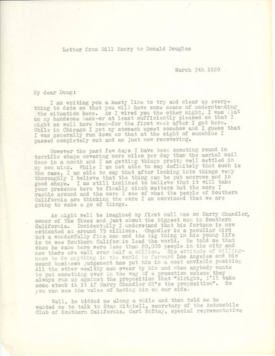 Letter to Donald Douglas from Bill Henry, March 5, 1920