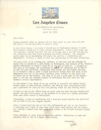 Letter from Loyal Durand Hotchkiss to Bill Henry, April 29, 1953