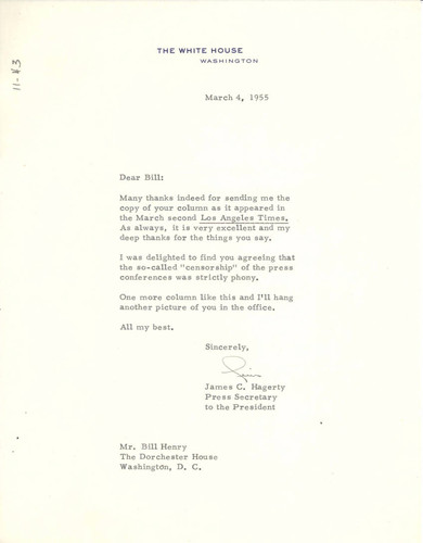 Letter from James C. Hagerty to Bill Henry, March 4, 1955