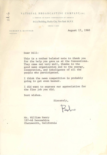 Letter from Robert E. Kinter to Bill Henry, August 17, 1960