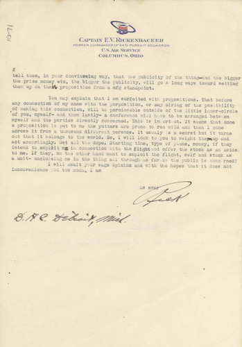 Letter from E.V. Rickenbacker to Bill Henry, February 21, 1920