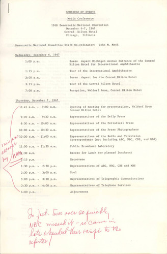 Schedule of Events, Media Conference, 1968 Democratic National Convention