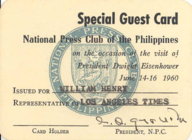 National Press Club Special Guest Card, President Eisenhower's 1960 visit to the Philippines