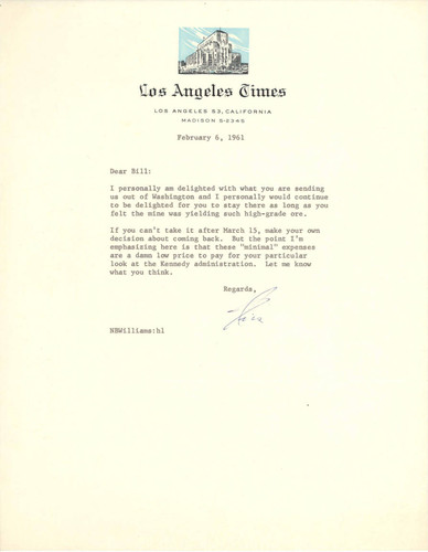 Letter from Otis Chandler to Bill Henry, February 6, 1961