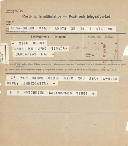 Telegram from Loyal Durand Hotchkiss to Bill Henry, August 26, 1939 (World War II)