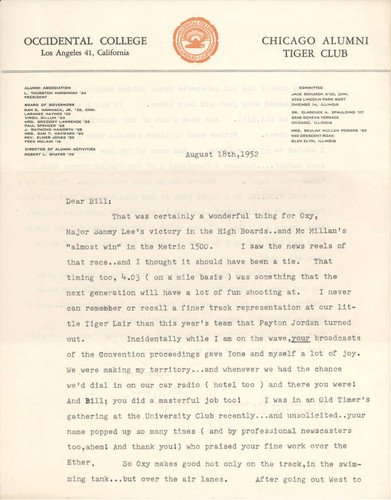 Letter from Occidental alum to Bill Henry, August 18, 1952